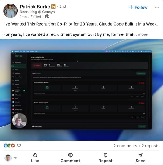 LinkedIn post about recruiters adopting AI tools
