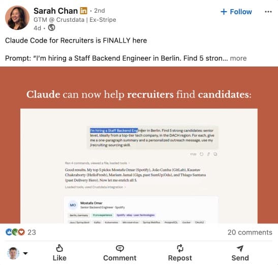 LinkedIn post about recruiters adopting AI tools