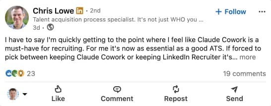LinkedIn post about recruiters adopting AI tools