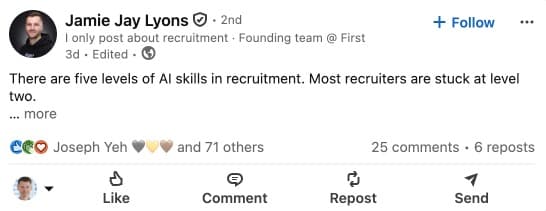 LinkedIn post about recruiters adopting AI tools