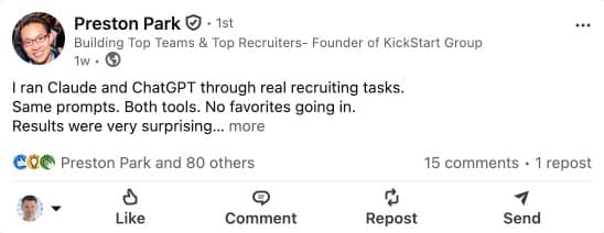 LinkedIn post about recruiters adopting AI tools