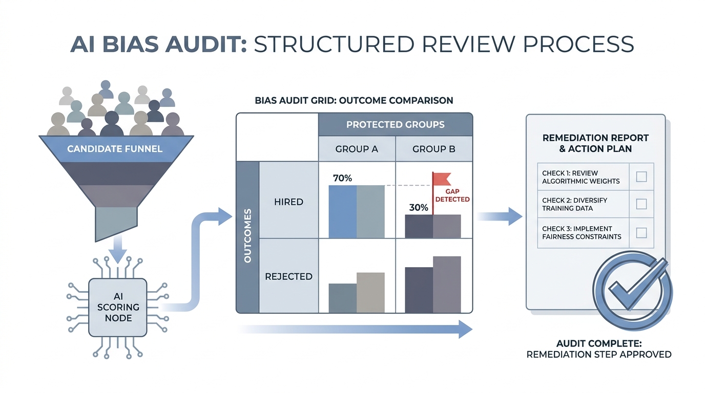 Illustration: AI bias audit showing candidate funnel scores compared by protected group, with a gap flag and a findings report card