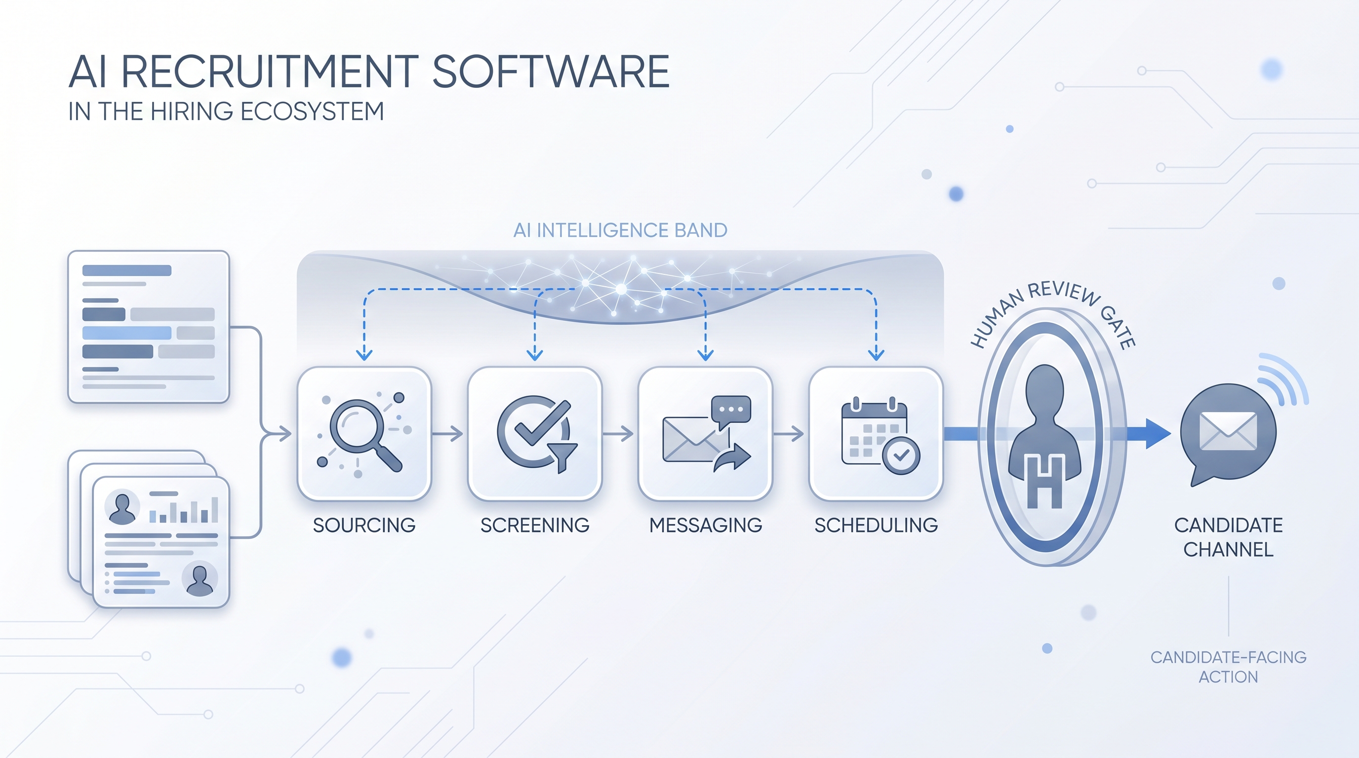 Illustration: AI recruitment software as a layered set of tool nodes across the hiring pipeline, with a human review gate connecting AI outputs to recruiter decisions