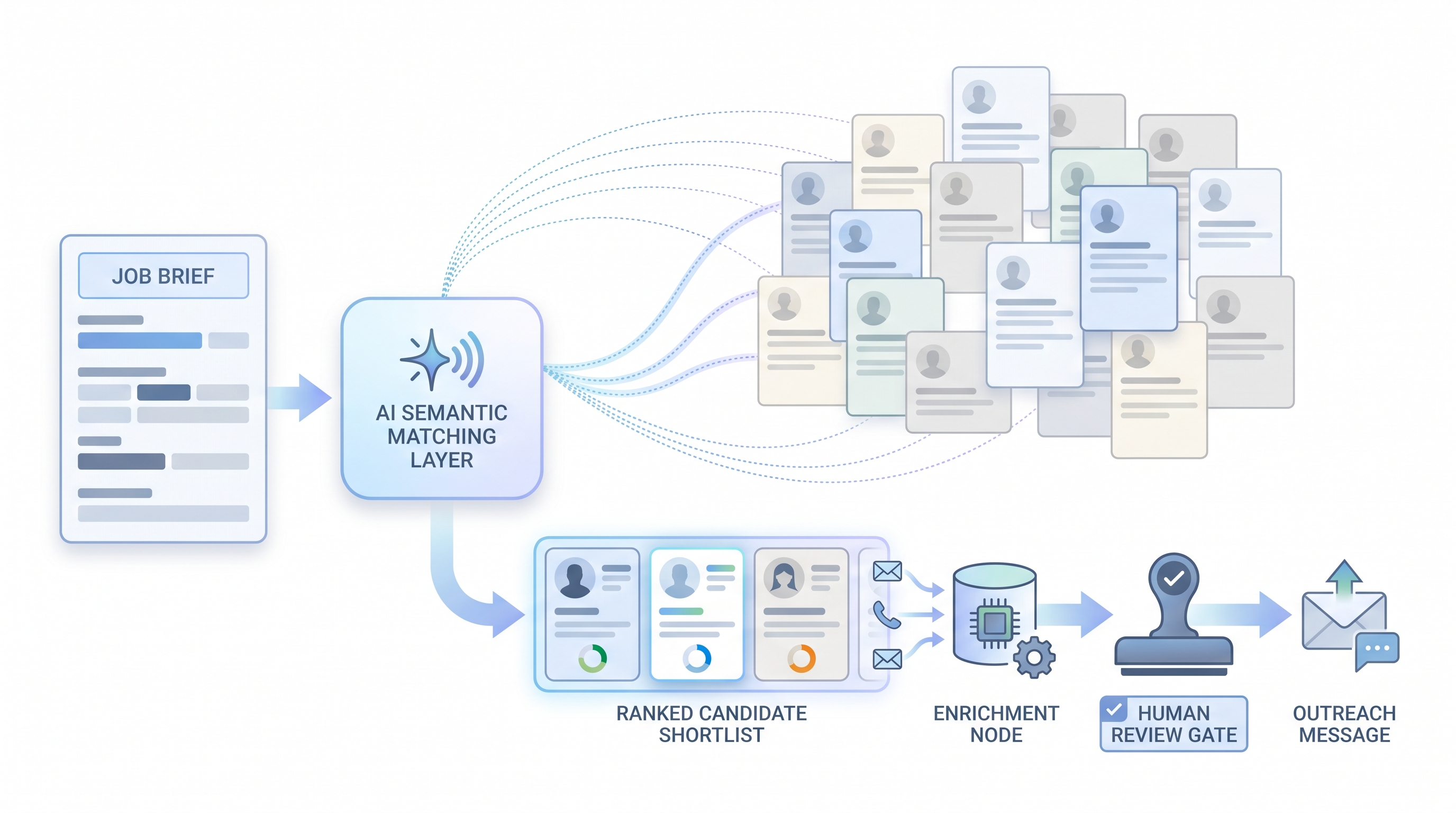 Illustration: AI sourcing tools translating a job brief into a ranked candidate list through semantic matching, with a human review gate before outreach