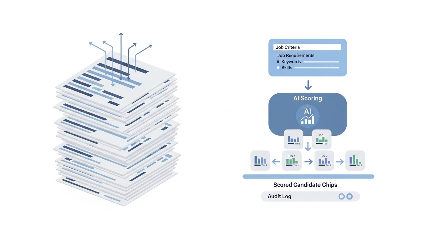 Illustration: AI resume screening showing a large CV stack flowing through an AI scoring node with a job criteria card, producing a ranked shortlist that passes a human review gate before entering the hiring pipeline