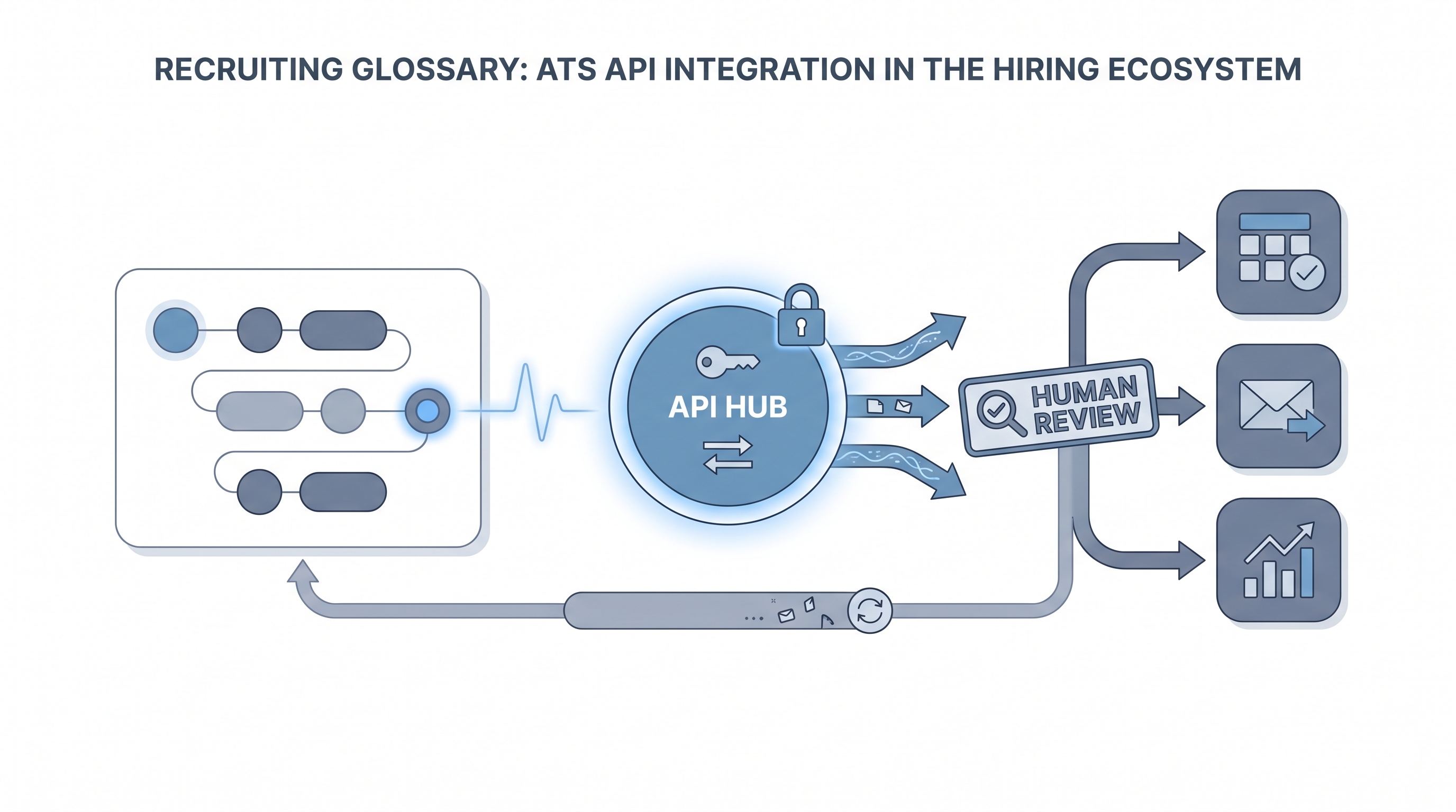 Illustration: ATS API integration connecting an applicant tracking system to external tools through an API layer with webhook events, a router node, and downstream channels for HRIS, email, and analytics