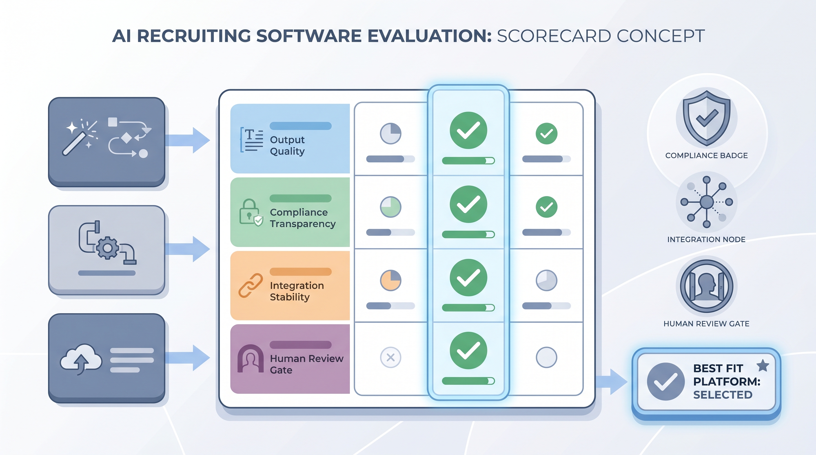 Illustration: a scorecard comparing AI recruiting software platforms on sourcing quality, compliance transparency, integration stability, and human review gate criteria, with one platform highlighted as the best fit