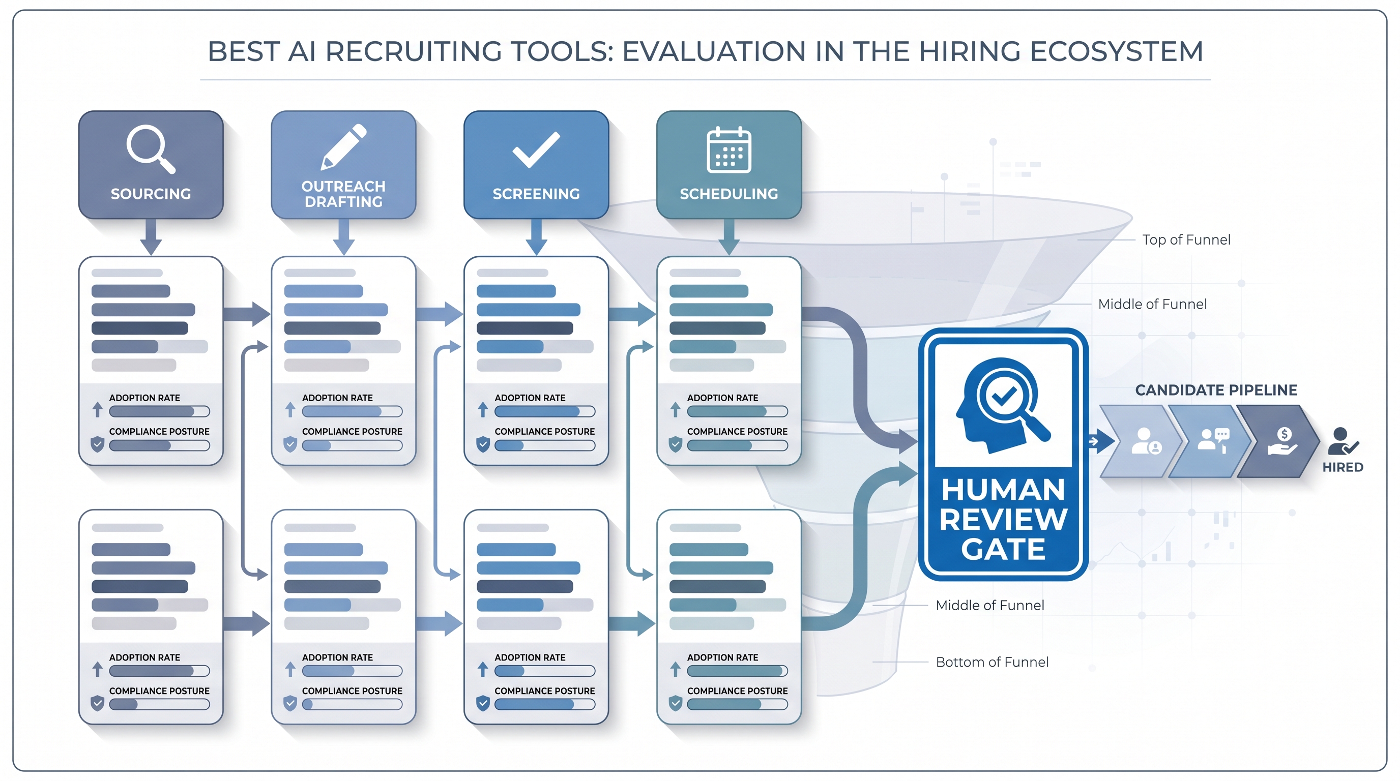 Illustration: AI recruiting tools arranged by category - sourcing, outreach drafting, screening, and scheduling - each connecting through a human review gate into the hiring pipeline, with adoption rate and compliance posture as evaluation axes