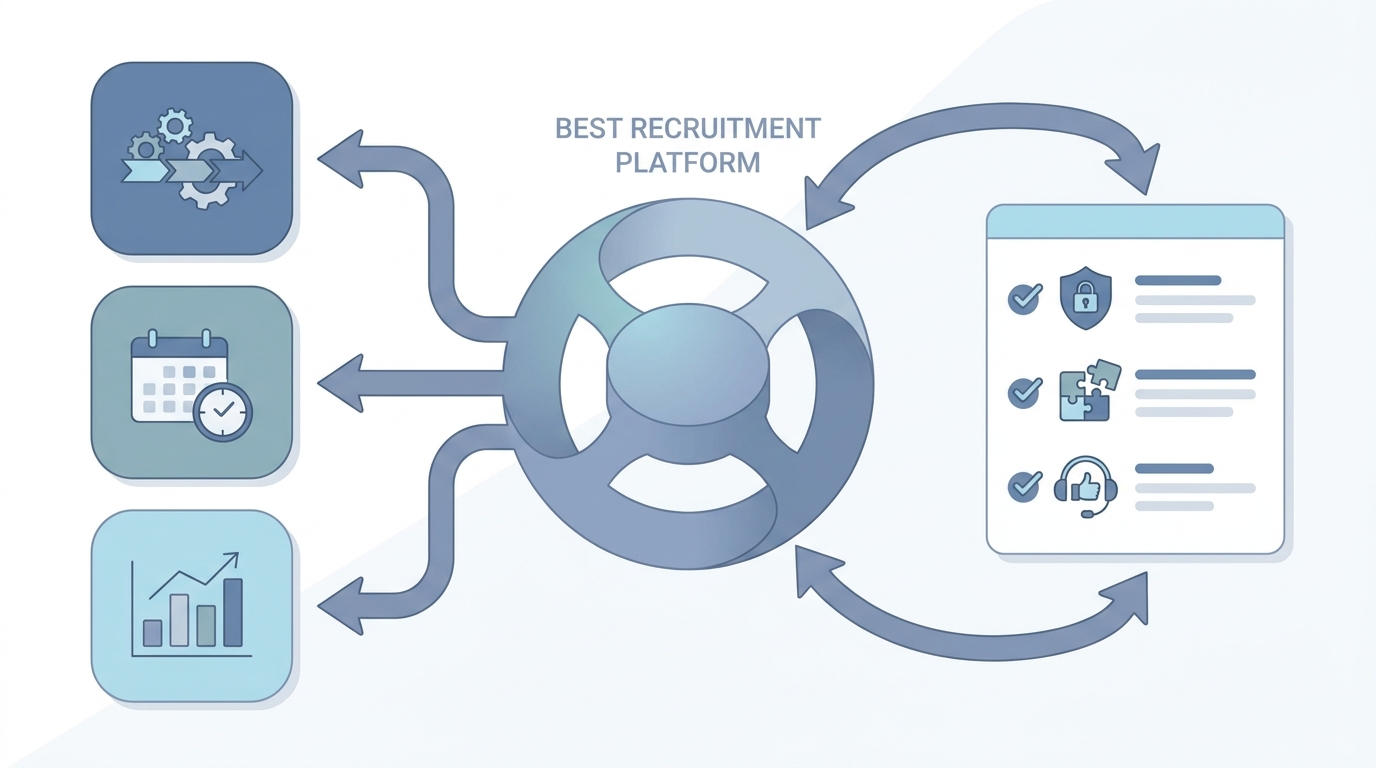 Illustration: generic hiring app tiles linked through a central hub with a checklist suggesting security, integrations, and support criteria for choosing a recruitment platform