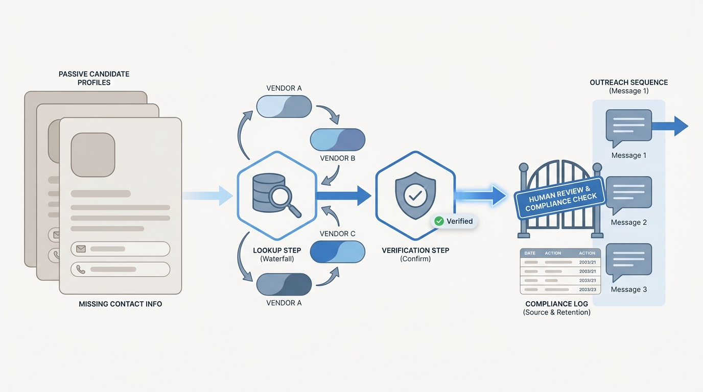 Illustration: contact enrichment for sourcing showing sourced candidate profiles gaining verified email addresses through a lookup-then-verify waterfall flow, with a human review gate before outreach and a compliance log strip for GDPR audit trails