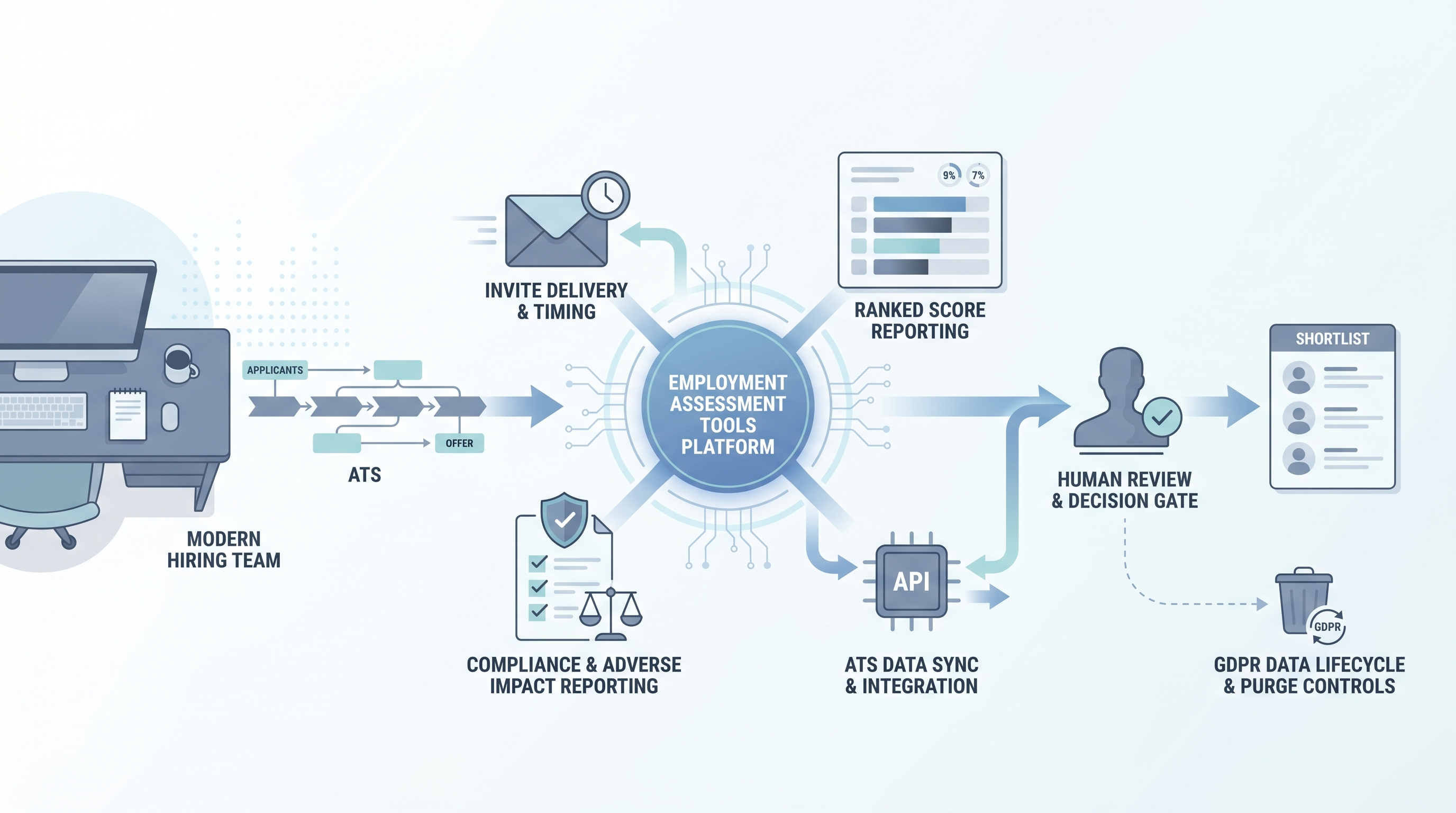 Illustration: employment assessment platform hub routing invite delivery, score reporting, ATS sync, and compliance dashboard outputs through a human review gate before the candidate shortlist
