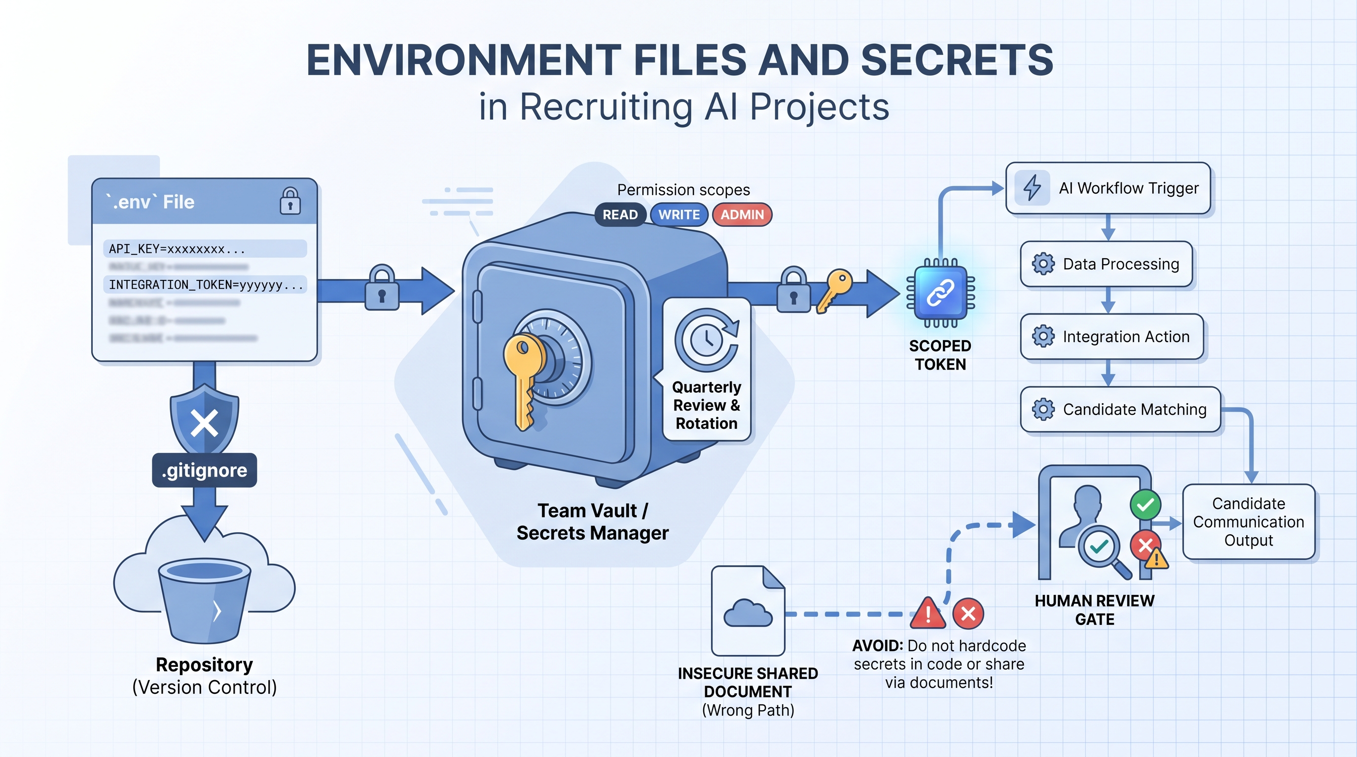 Illustration: environment file and secrets management for recruiting AI projects showing a .env file storing API key entries, a gitignore shield blocking the file from version control, and credential cards flowing through a team password vault before reaching the automation workflow with a human review gate