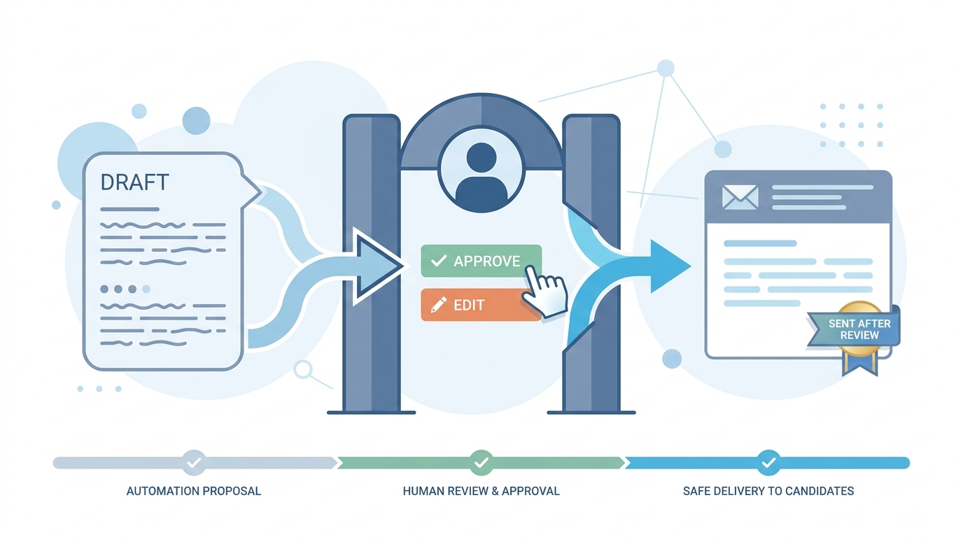 Illustration: AI proposes a draft, a human reviewer approves or edits at a gate, then the message flows to the candidate channel