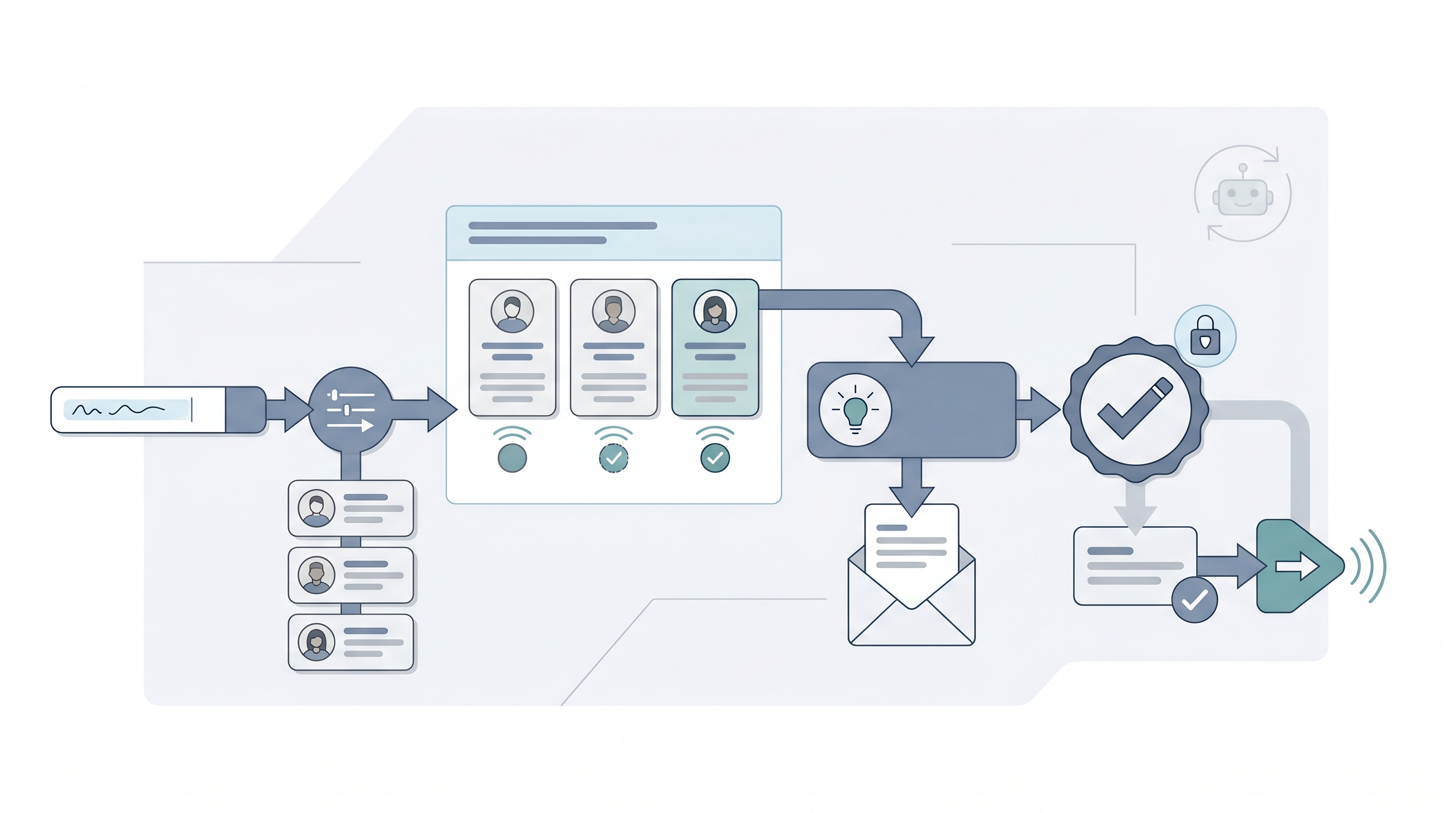 Illustration: LinkedIn Recruiter AI features showing a natural-language search input feeding an AI filter node, candidate recommendation chips passing a human review gate, and an AI InMail draft card reviewed before sending