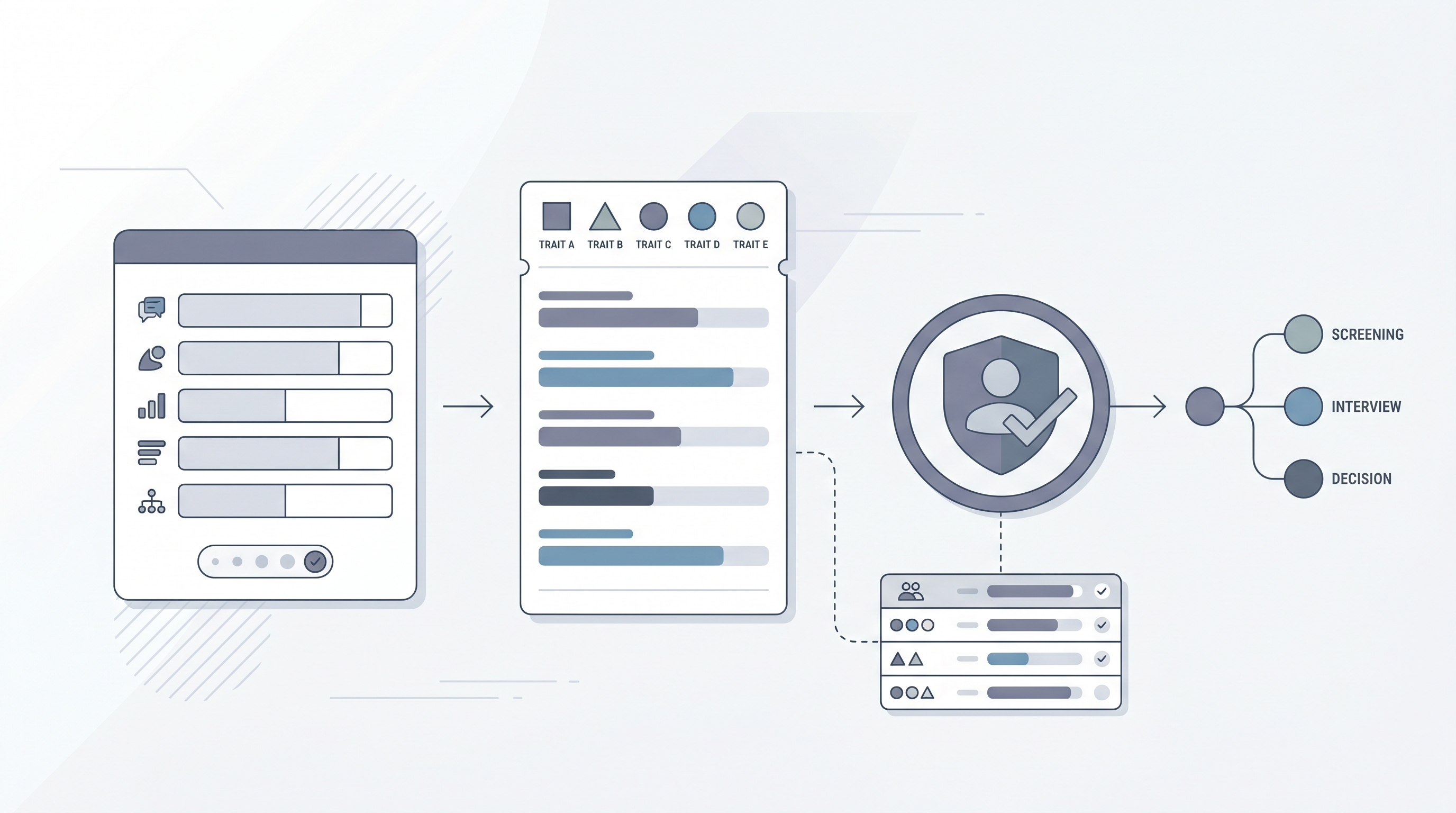 Illustration: personality test for employment showing a trait assessment card, scored output through a human review gate, and a compliance audit log for group pass rates