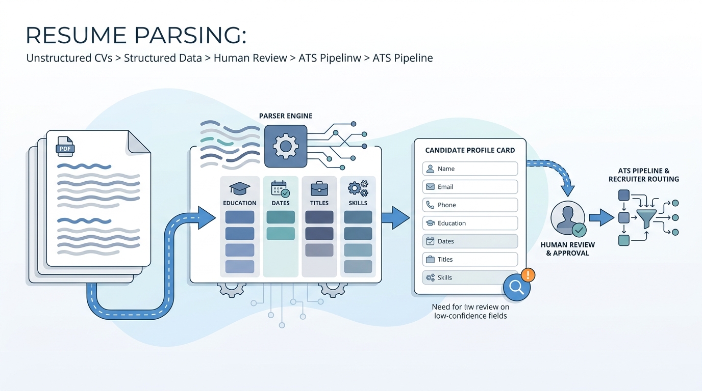 Illustration: generic resume pages flowing into a parser that fills structured profile fields, with a review stamp for uncertain extractions before an ATS-style card