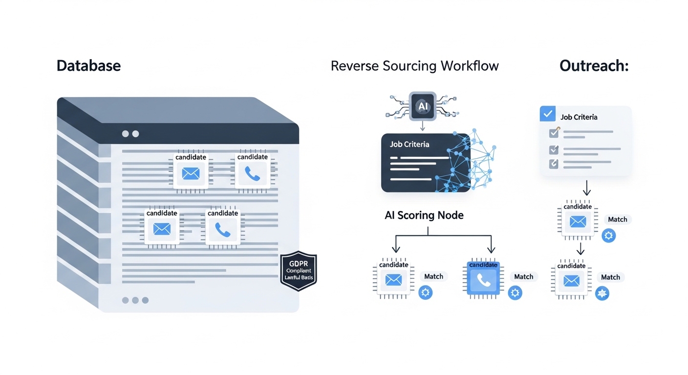 Illustration: reverse sourcing workflow starting with a verified contact database that is scored against job criteria before outreach, with a human review gate and a GDPR compliance badge near the data source
