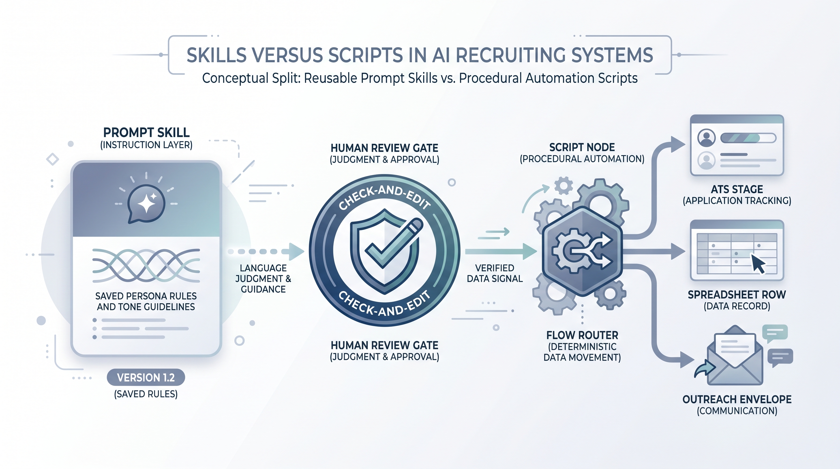 Illustration: skills versus scripts in AI recruiting showing a reusable prompt skill card feeding a human review gate that connects to a procedural script node moving data between ATS, spreadsheet, and outreach system boxes