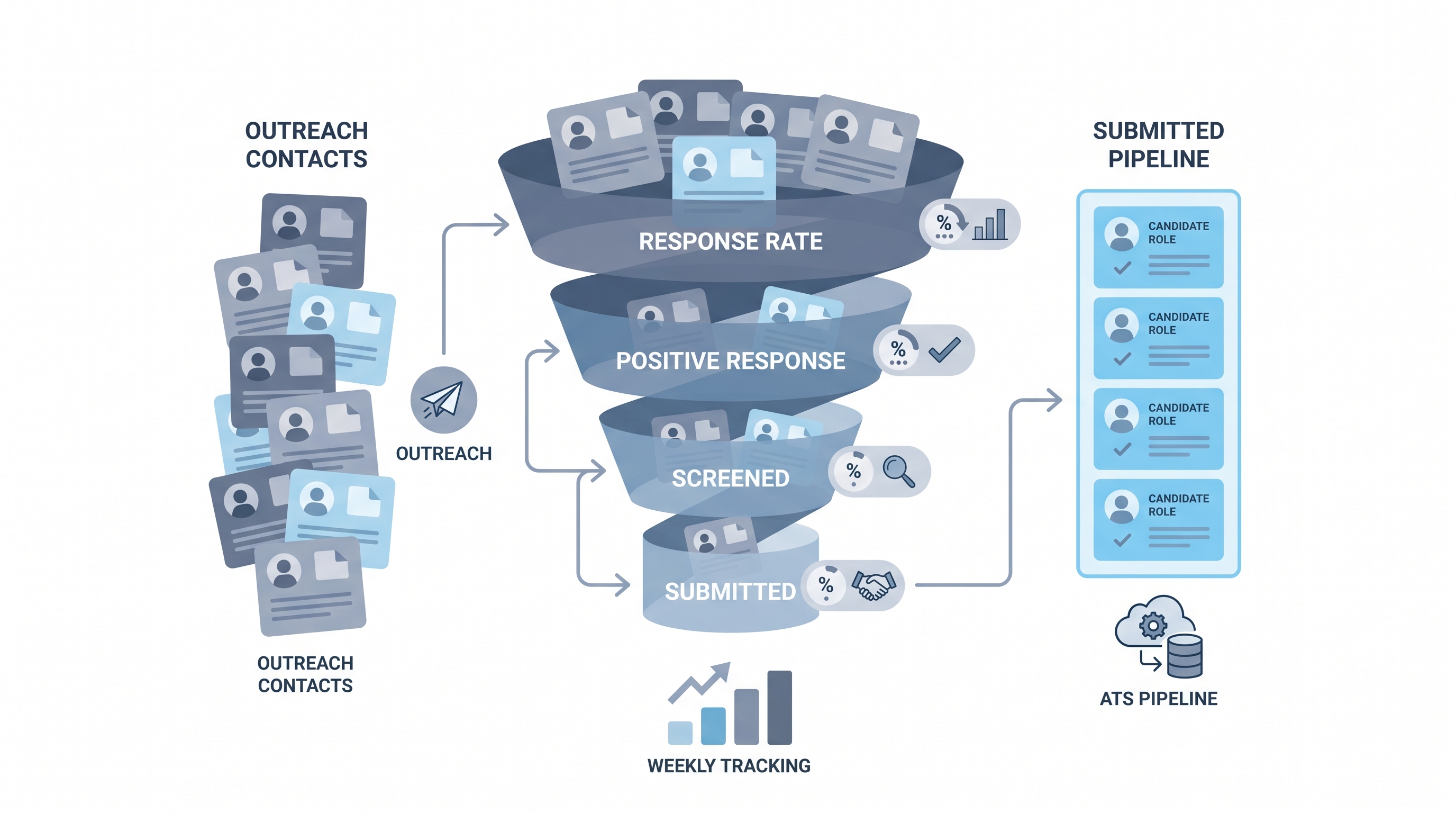 Illustration: sourcing funnel metrics as a narrowing pipeline from contacted through response rate, positive reply, qualification screen, and submitted to hiring manager, with conversion percentages at each step