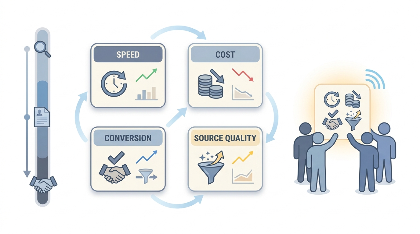 Illustration: a talent acquisition metrics dashboard showing time-to-fill, cost-per-hire, offer acceptance rate, and source of hire as interconnected data points for TA teams